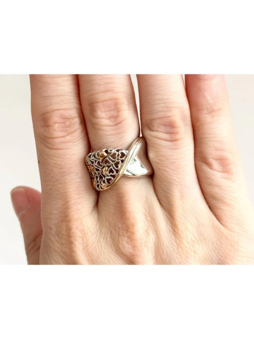 Dual Toned Gold Overlay Heart Crossover Sterling Silver 925 Vintage Ring sz 7.25